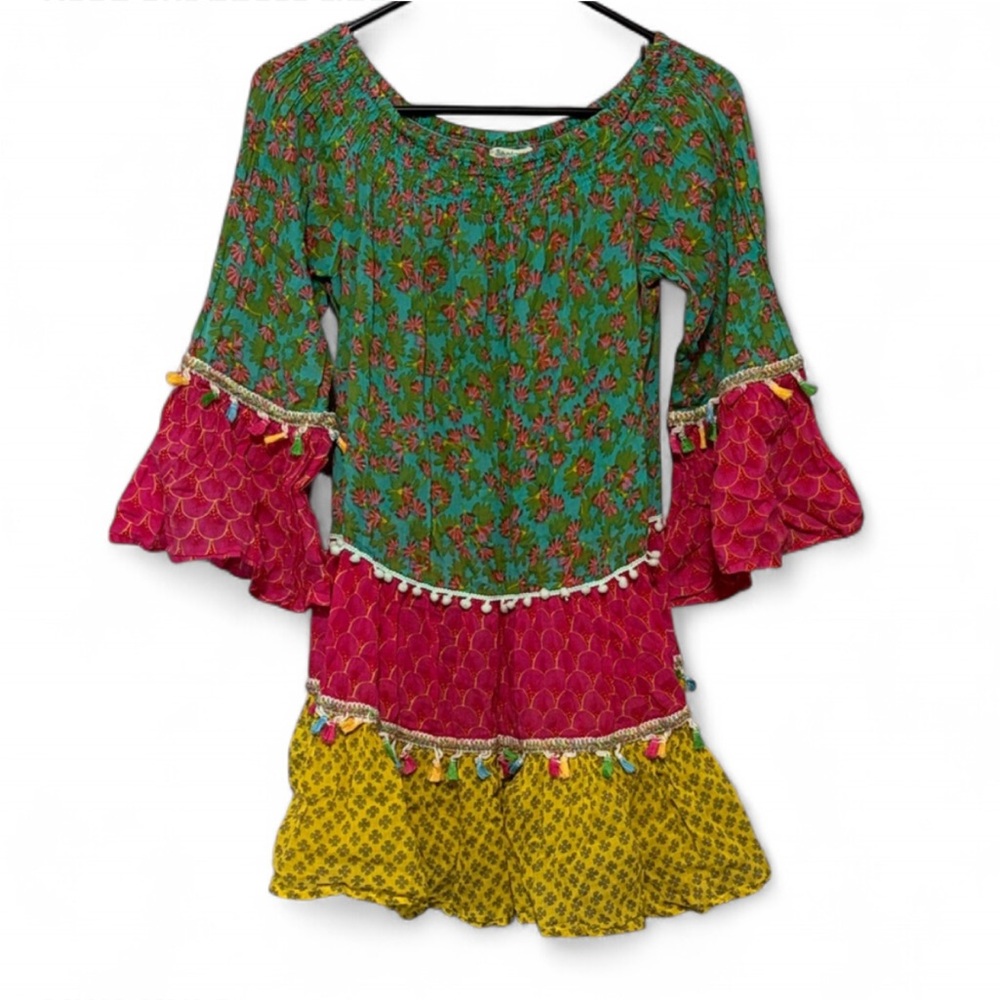 Santorini Cotton Tiered Floral Boho Beach Dress with Tassels